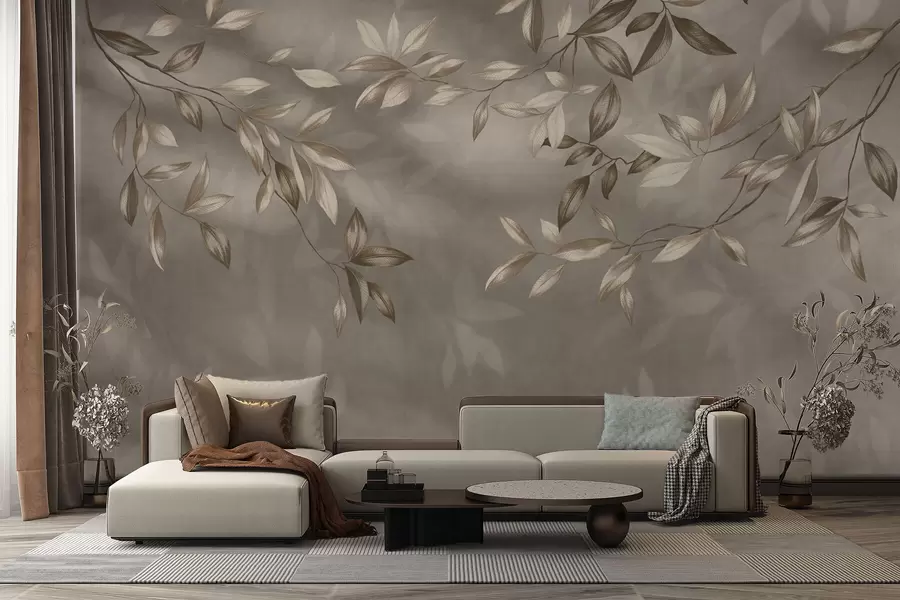 Fototapete Zarte, blättrige Zweige in Beigetönen auf hellem Hintergrund w05113v2