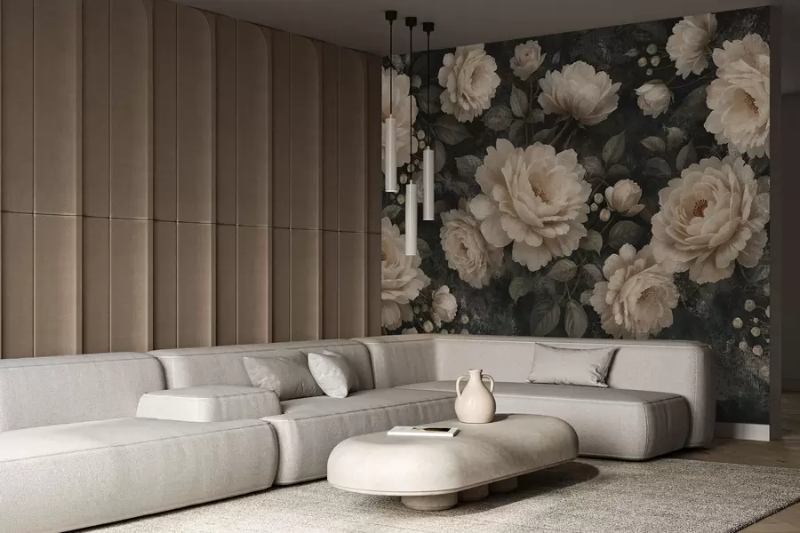 Fototapete Voluminöse Blumen in Beigetönen auf dunklem Hintergrund w05114