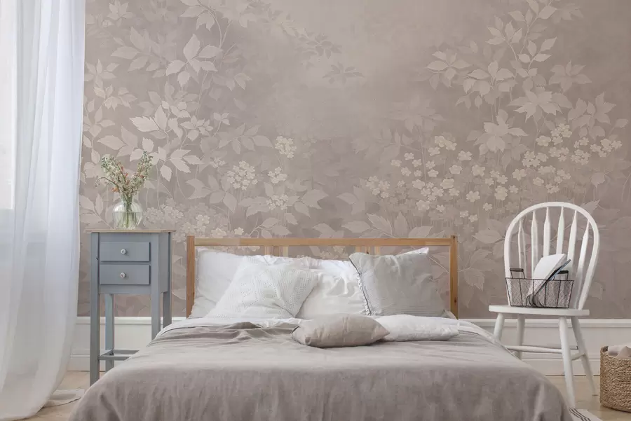 Fototapete Leichtes botanisches Ornament mit Blättern und kleinen Blüten w05115