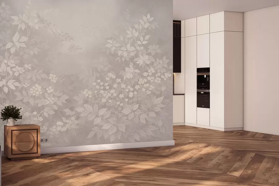 fototapeter Let botanisk ornament med blade og små blomster w05115