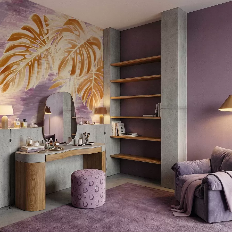 Murale Feuilles dans des tons orange chauds sur fond violet w05130v2