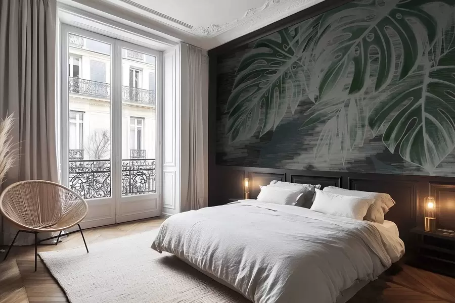 Fototapete Dunkelgrüne Blätter auf einem strukturierten dunklen Hintergrund w05130v4