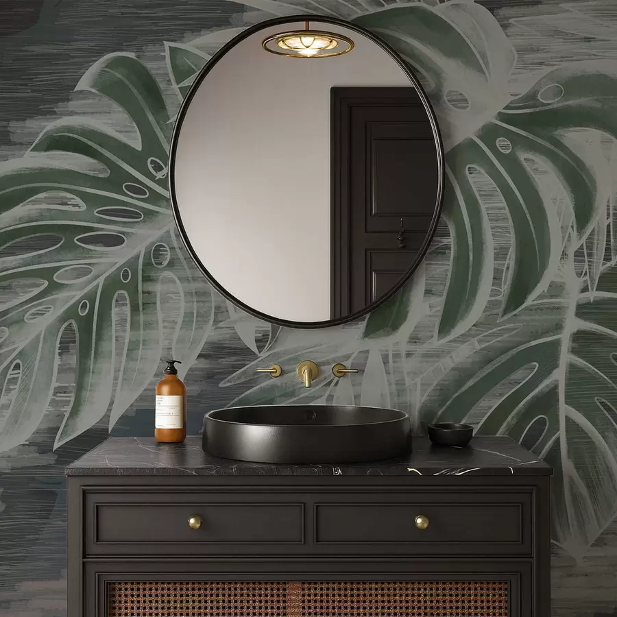 fototapeter Mørkegrønne blade på en struktureret mørk baggrund w05130v4