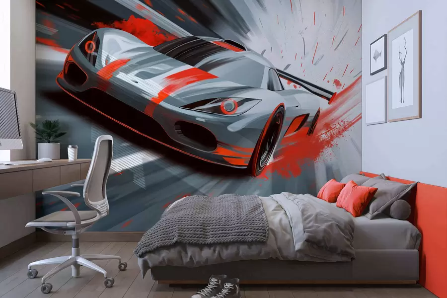 fototapeter Dynamisk sportsvogn i digital tegningstil med røde accenter w05069v1