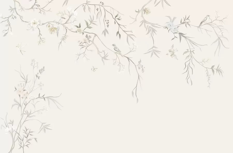 fototapeter Delikate blomster og fugle på en kridtbaggrund w05127