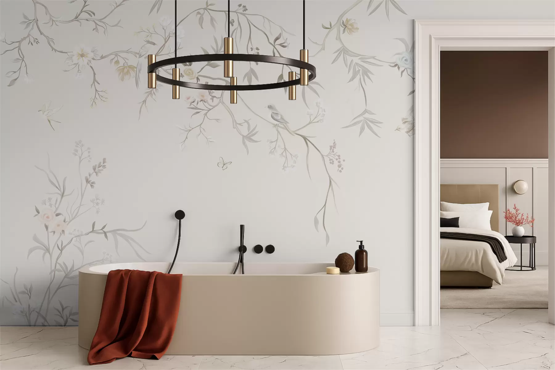 fototapeter Delikate blomster og fugle på en kridtbaggrund w05127