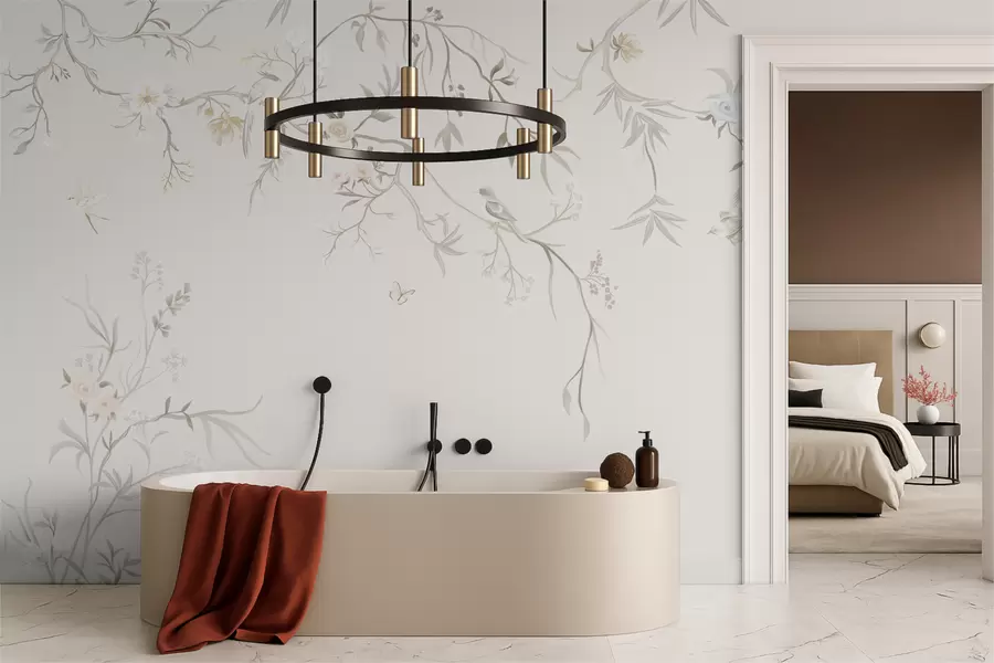 fototapeter Delikate blomster og fugle på en kridtbaggrund w05127