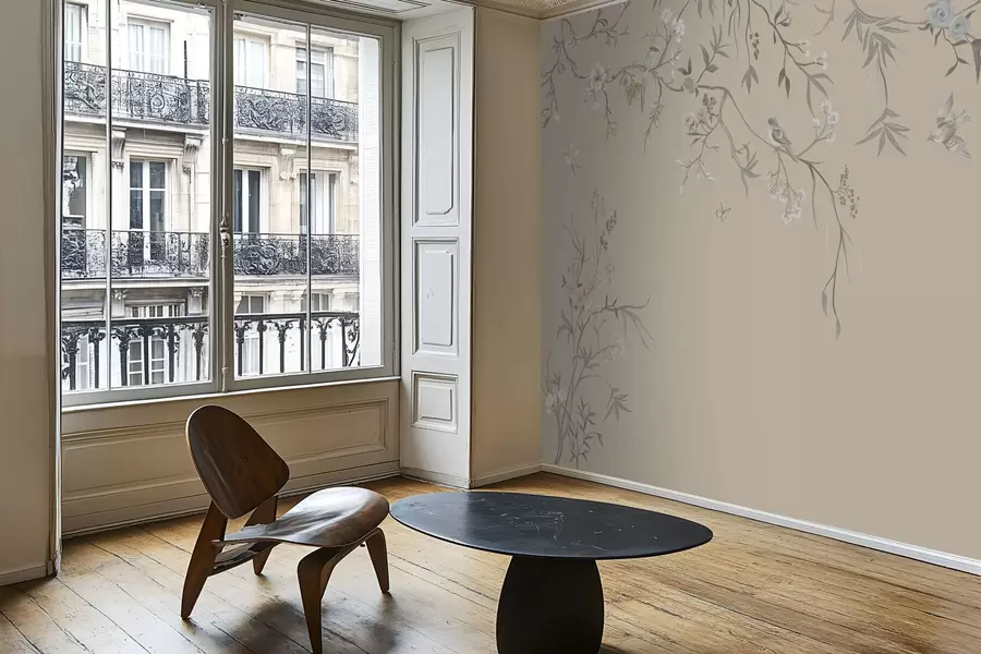 fototapeter Blomstergrene med fugle på varm beige baggrund w05127v1