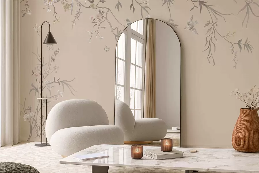 fototapeter Blomstergrene med fugle på varm beige baggrund w05127v1