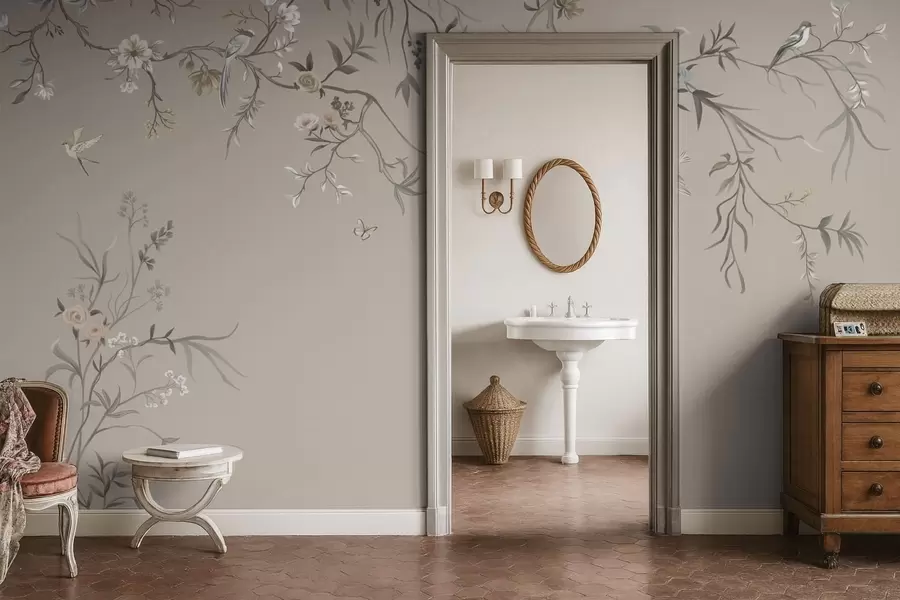 fototapeter Blomsterornament med fugle på neutral baggrund w05127v3