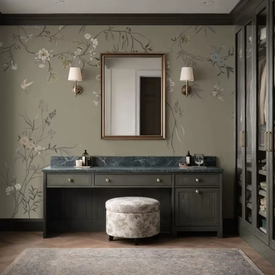 Fototapete Blumenmotiv mit Vögeln auf grauem Hintergrund w05127v4