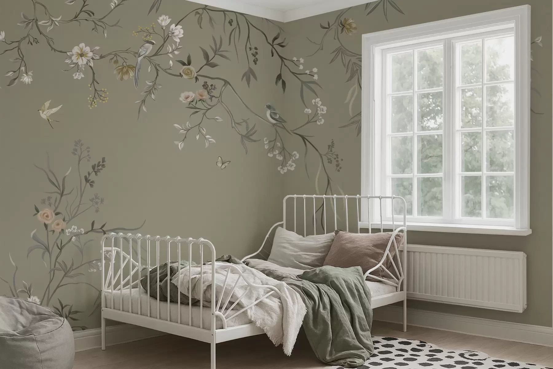 Fototapete Blumenmotiv mit Vögeln auf grauem Hintergrund w05127v4