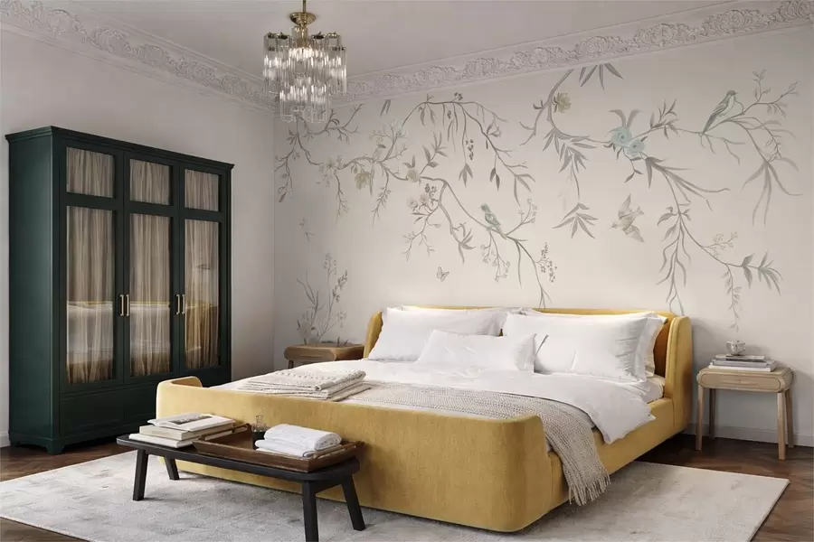 Fototapete Blumenzweige mit Vögeln auf hellem Hintergrund w05127v7