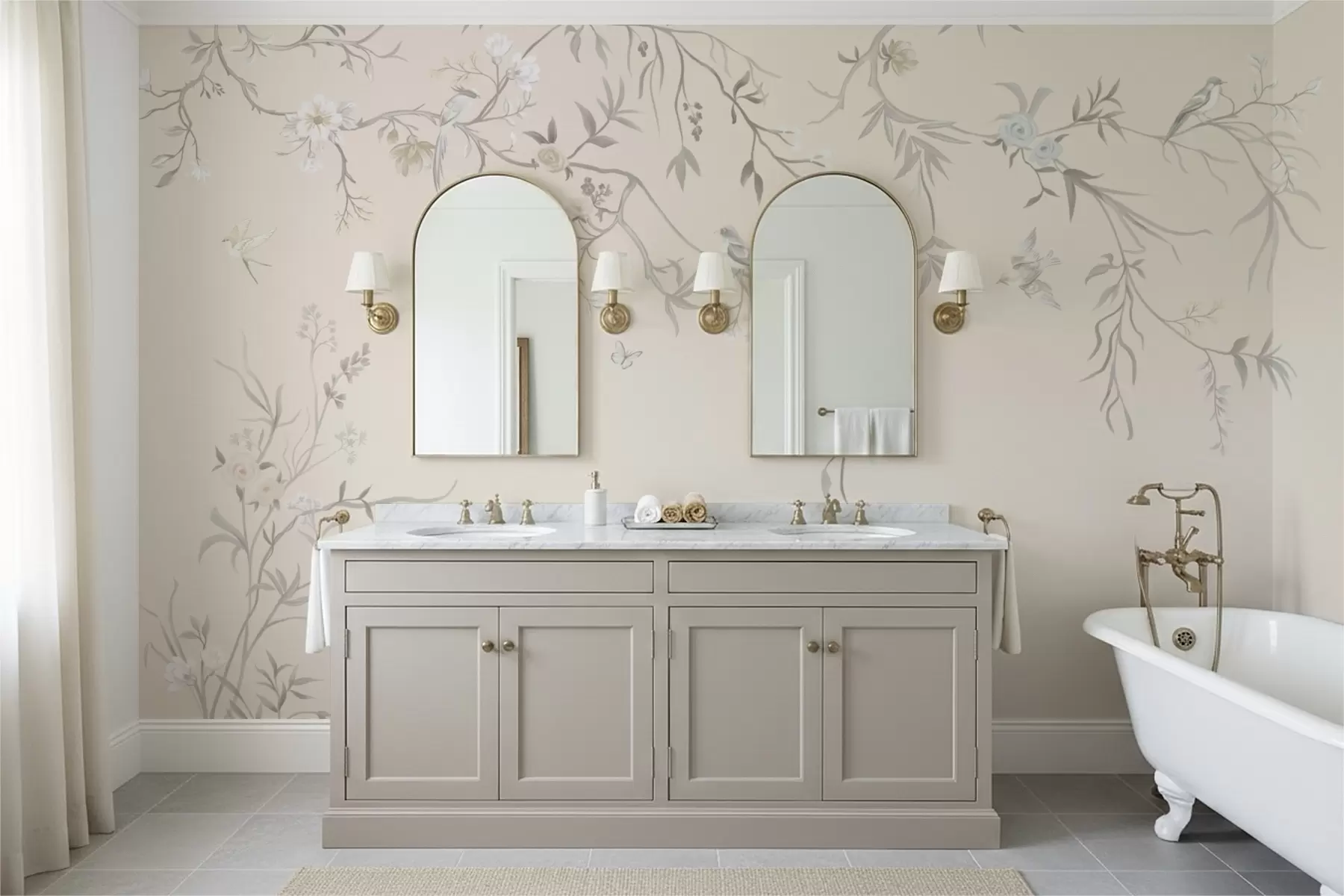 Murale Branches fleuries avec des oiseaux sur fond clair w05127v7