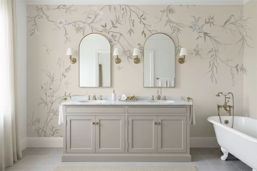 fototapeter Blomstergrene med fugle på lys baggrund w05127v7