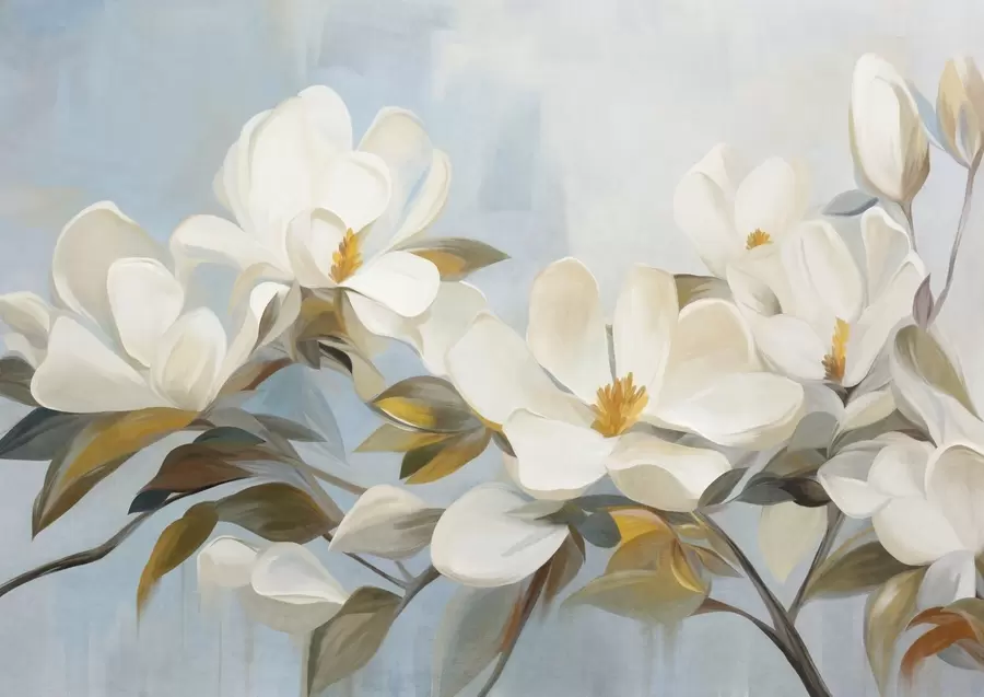 Murale Magnolias blancs avec feuilles vertes sur fond bleu clair avec imitation de coups de pinceau abstraits w09478
