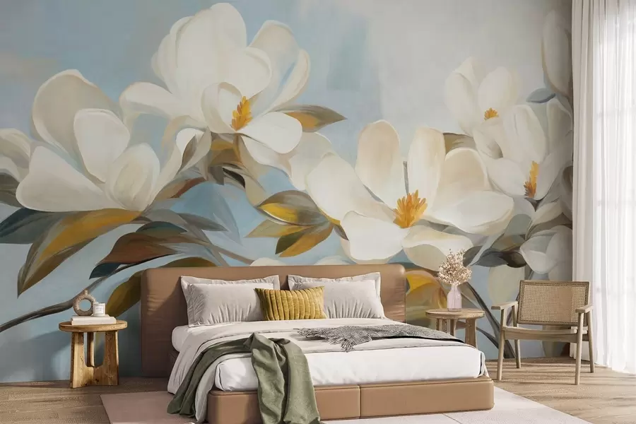 Murale Magnolias blancs avec feuilles vertes sur fond bleu clair avec imitation de coups de pinceau abstraits w09478