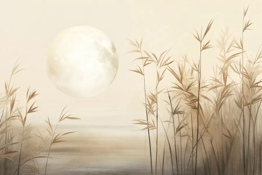 Fototapete Strukturierte Landschaft mit hohem Schilf, See und blassem Mond an einem dunstigen Himmel w09631