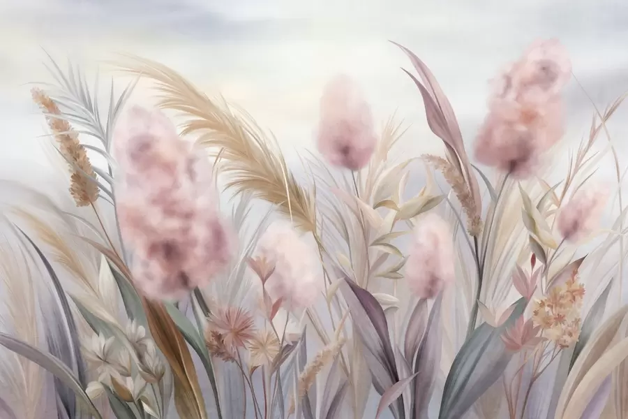 fototapeter Pink og beige pampasgræs og andre tørrede blomster med en blød, diset himmel i baggrunden w09635