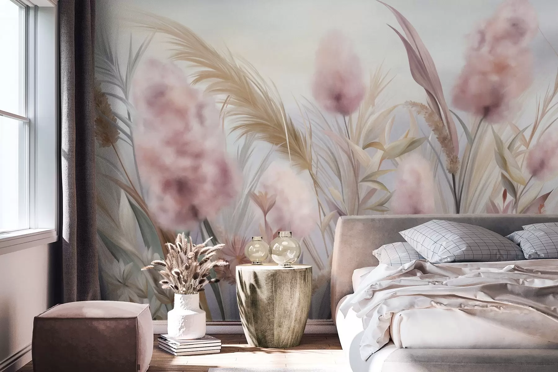fototapeter Pink og beige pampasgræs og andre tørrede blomster med en blød, diset himmel i baggrunden w09635