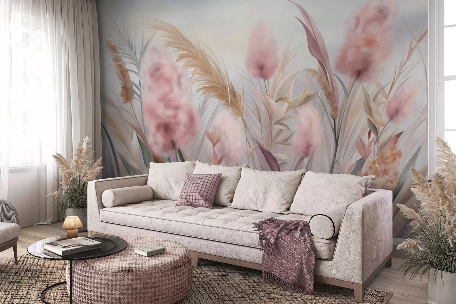 fototapeter Pink og beige pampasgræs og andre tørrede blomster med en blød, diset himmel i baggrunden w09635