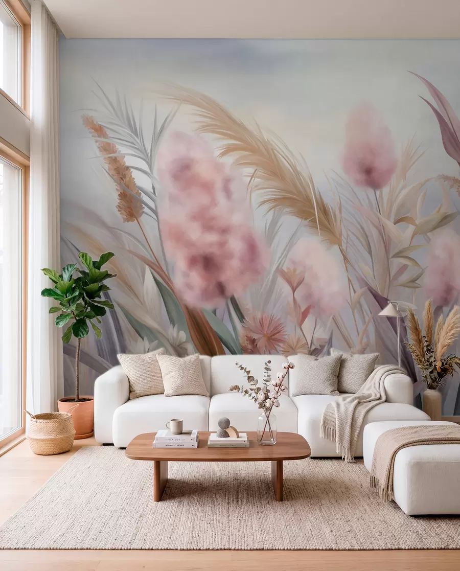 fototapeter Pink og beige pampasgræs og andre tørrede blomster med en blød, diset himmel i baggrunden w09635