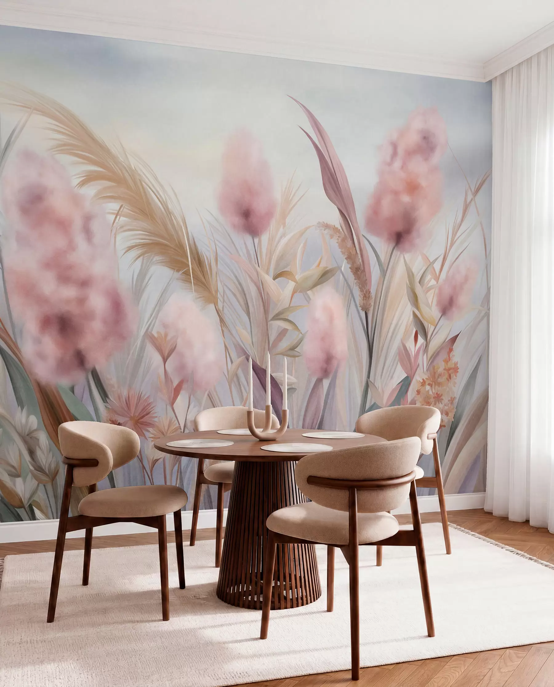 fototapeter Pink og beige pampasgræs og andre tørrede blomster med en blød, diset himmel i baggrunden w09635