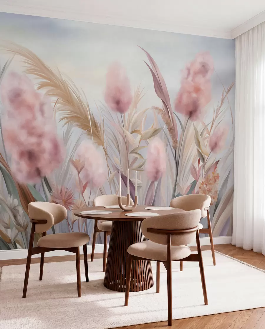 fototapeter Pink og beige pampasgræs og andre tørrede blomster med en blød, diset himmel i baggrunden w09635