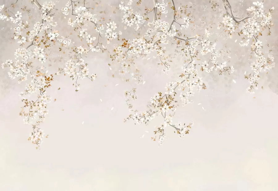 fototapeter Grene med hvide blomster på en blød beige baggrund w05129