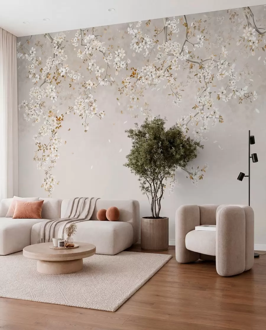 fototapeter Grene med hvide blomster på en blød beige baggrund w05129