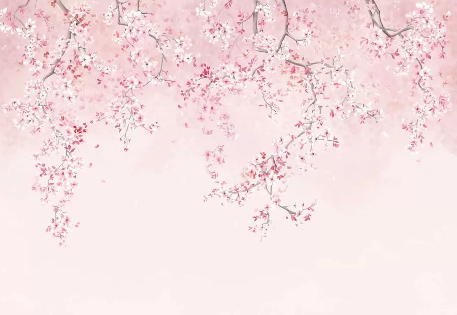 fototapeter Grene med lyserøde blomster på en blød pastelfarvet baggrund w05129v1