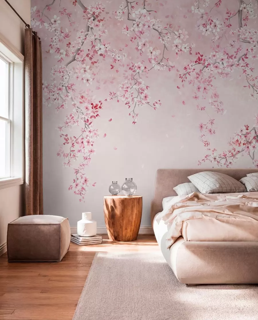 Murale Branches avec des fleurs roses sur un fond pastel doux w05129v1