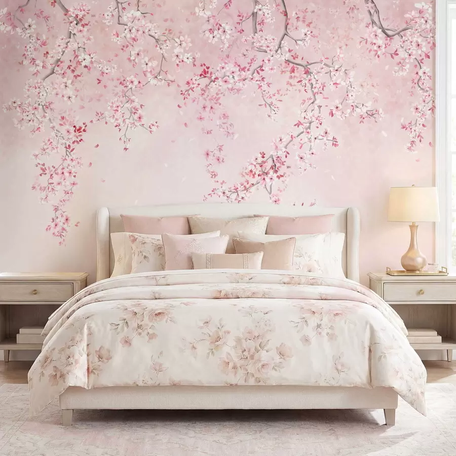 Murale Branches avec des fleurs roses sur un fond pastel doux w05129v1