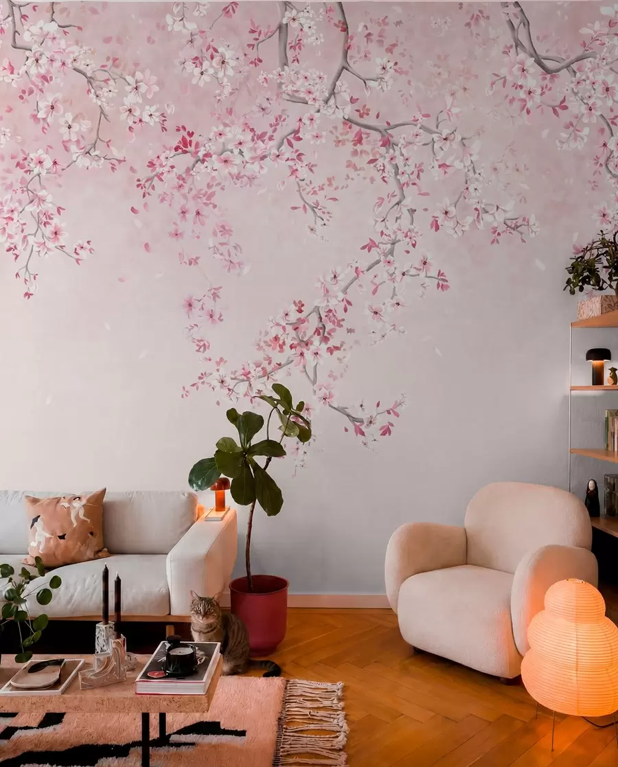 fototapeter Grene med lyserøde blomster på en blød pastelfarvet baggrund w05129v1