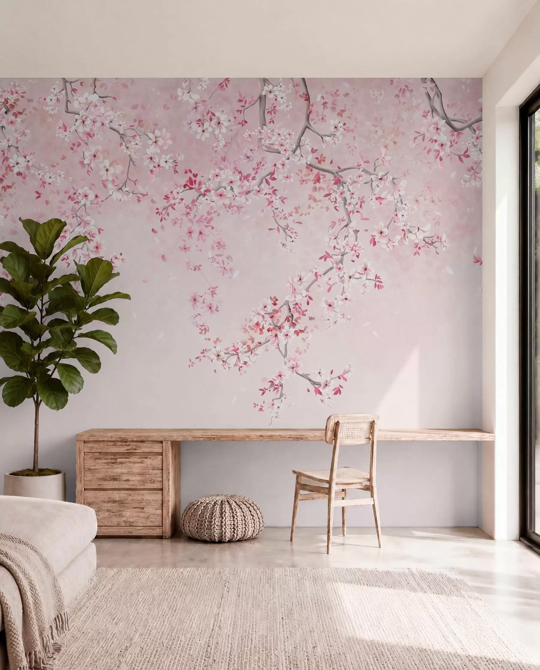 Murale Branches avec des fleurs roses sur un fond pastel doux w05129v1