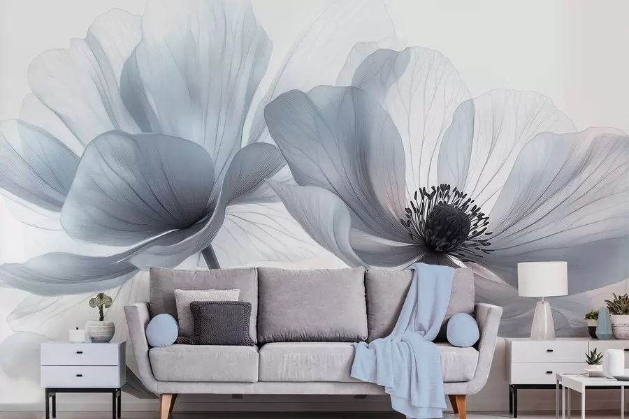 fototapeter Gennemsigtige blåhvide blomster på lys baggrund w09720