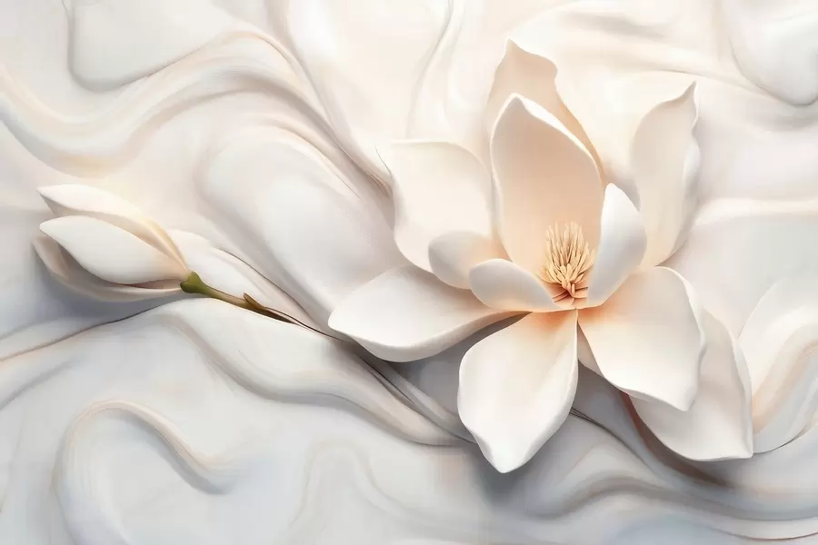 Murale Magnolia blanc en trois dimensions avec imitation de texture marbrée en relief w09729