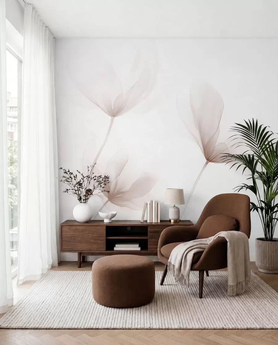fototapeter Luftige beige blomster i minimalistisk lys stil w09734