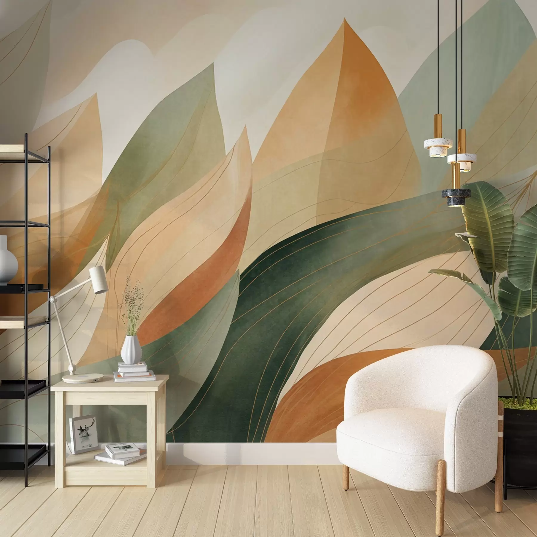 Murale Feuilles abstraites, tons terreux discrets de vert et d'orange avec des détails délicats, texture douce de l'aquarelle. w09736