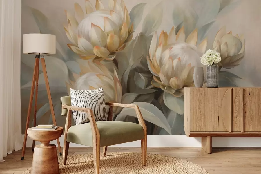 Fototapete Strukturierte Protea-Blüten mit grünen Blättern und einem weichen, unscharfen Hintergrund w09738