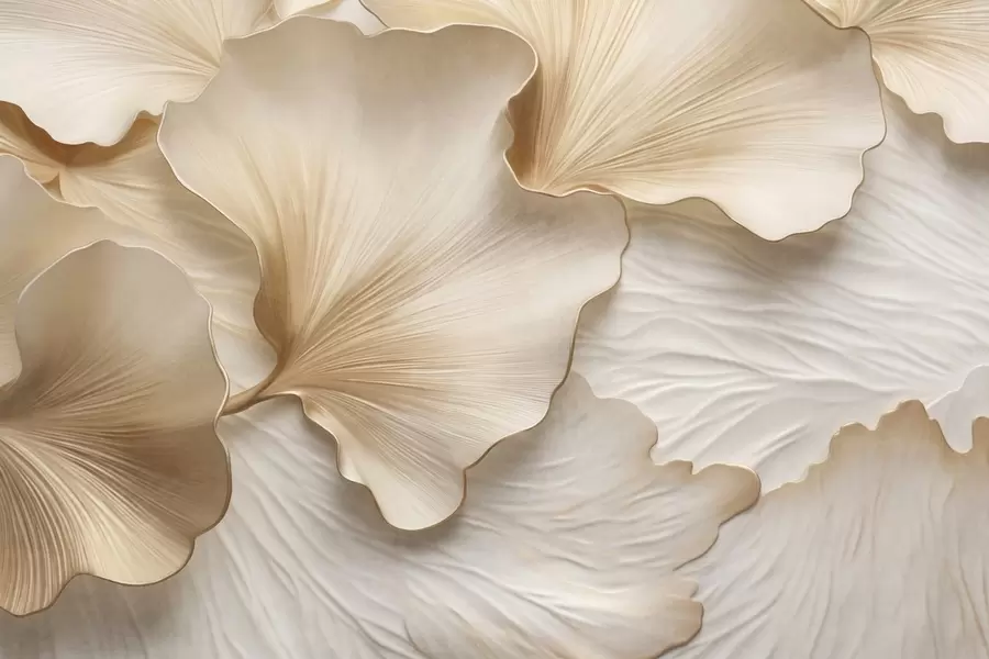 Fototapete Strukturierte, beige und weiße Ginkgoblätter mit zartem Bio-Print w09741