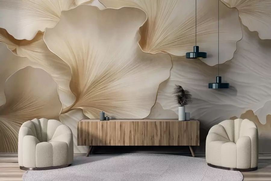 Fototapete Strukturierte, beige und weiße Ginkgoblätter mit zartem Bio-Print w09741