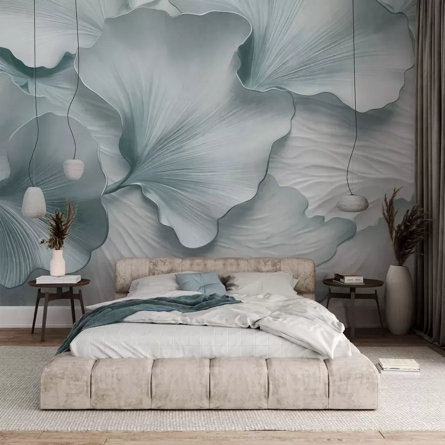 Murale Pétales de feuilles de ginkgo texturées, bleues et blanches, avec un imprimé organique délicat w09741v1