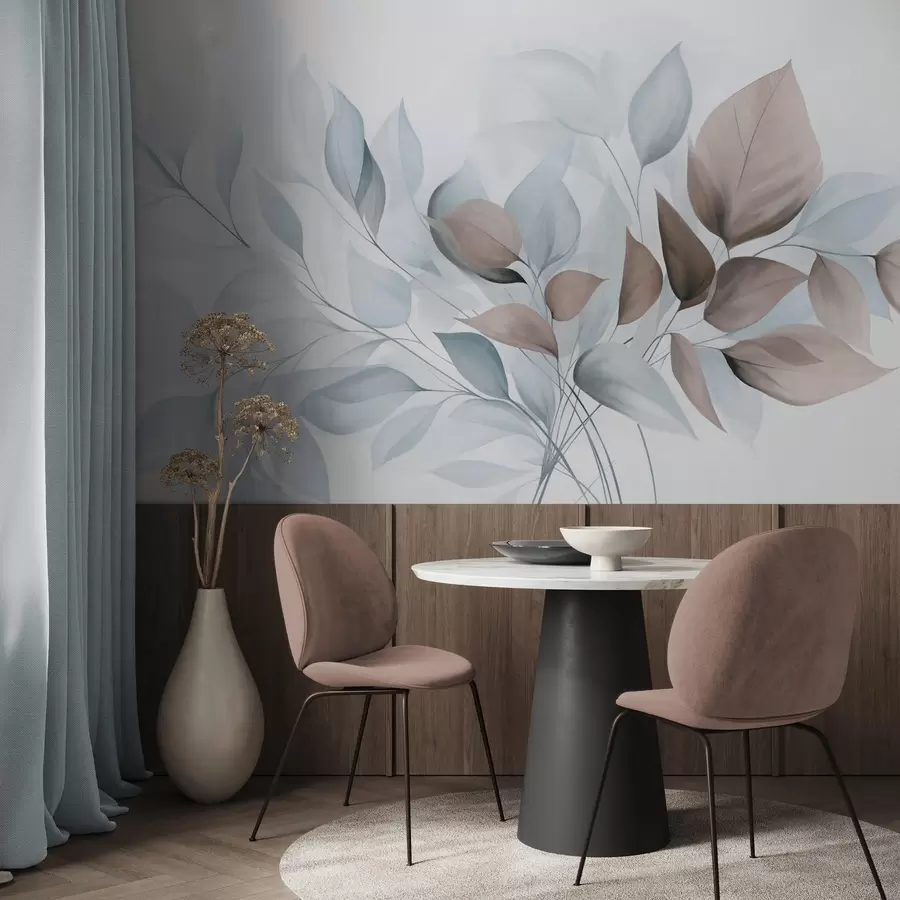 Murale Feuilles abstraites translucides dans des tons de bleu, beige et marron, art texturé w09744v1