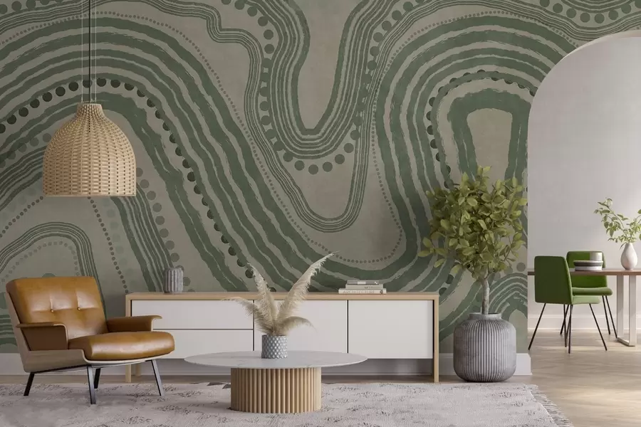 Fototapete Abstrakte grüne und beige Wellenlinien und Punkte, moderne strukturierte Kunst w09747