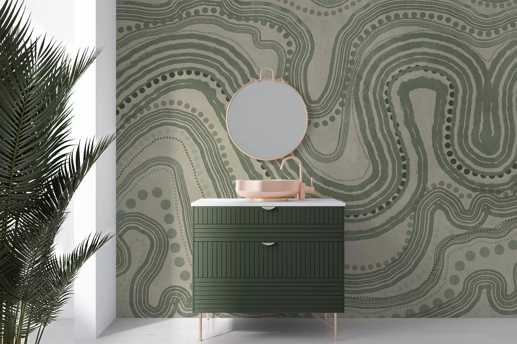 fototapeter Abstrakte grønne og beige bølgelinjer og prikker, moderne tekstureret kunst w09747