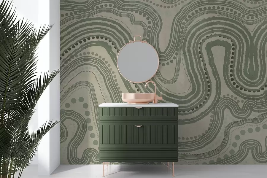 fototapeter Abstrakte grønne og beige bølgelinjer og prikker, moderne tekstureret kunst w09747