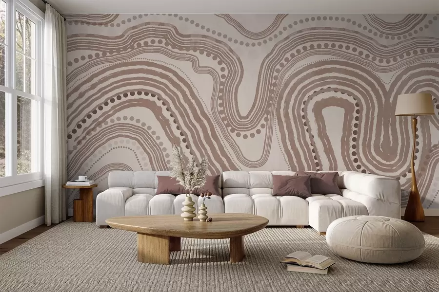 fototapeter Abstrakte brune og beige bølgelinjer og prikker, moderne tekstureret kunst w09747v1