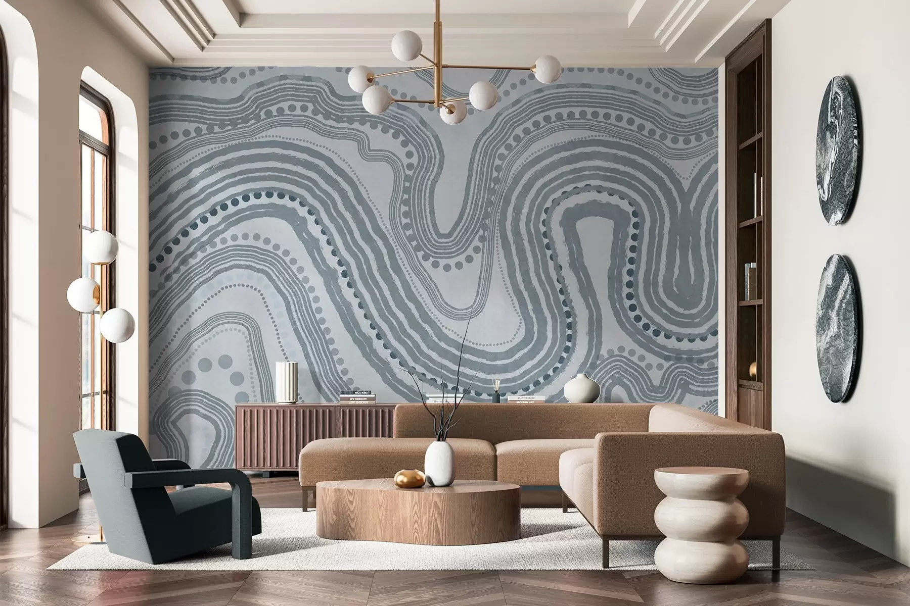 Fototapete Abstrakte blaue Wellenlinien und Punkte, moderne strukturierte Kunst w09747v3