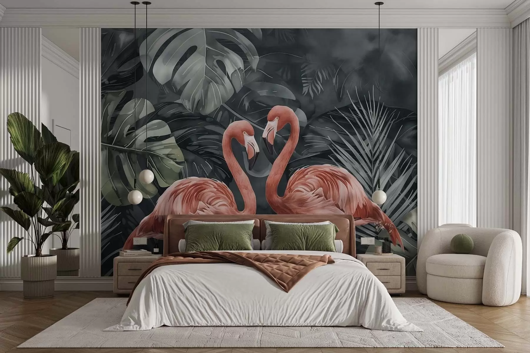 Murale Un couple de flamants roses parmi des plantes tropicales w09687